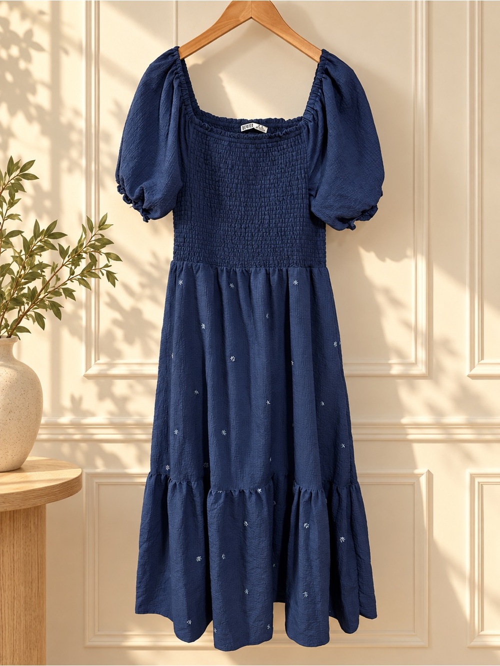 Smocked Midi Dress with Puff Sleeves - Navy Womens M - FP Dupe